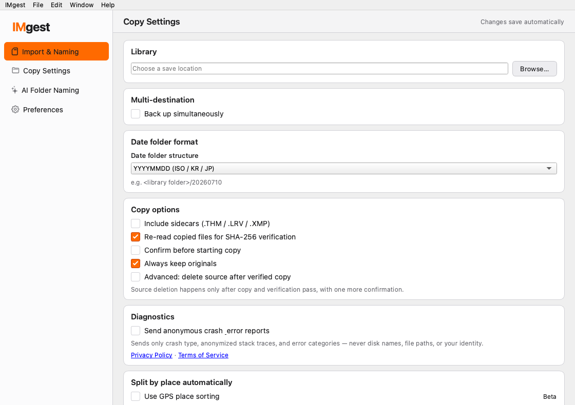 IMgest copy settings for the main library and multi-destination backup