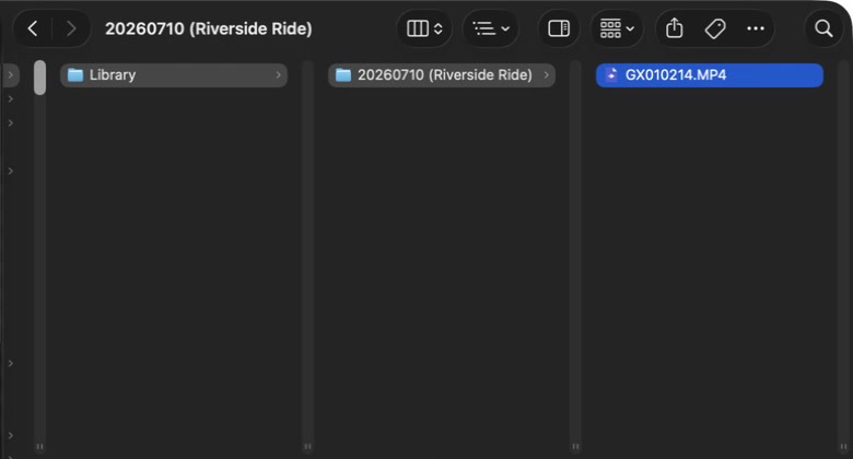 Finder showing the IMgest-organized folder path Library, 20260710 Riverside Ride, and GX010214.MP4.